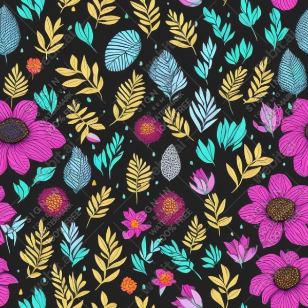Black background with colorful pattern of plants and flowers, trending on artstation, base color, albedo, detailed, 4k