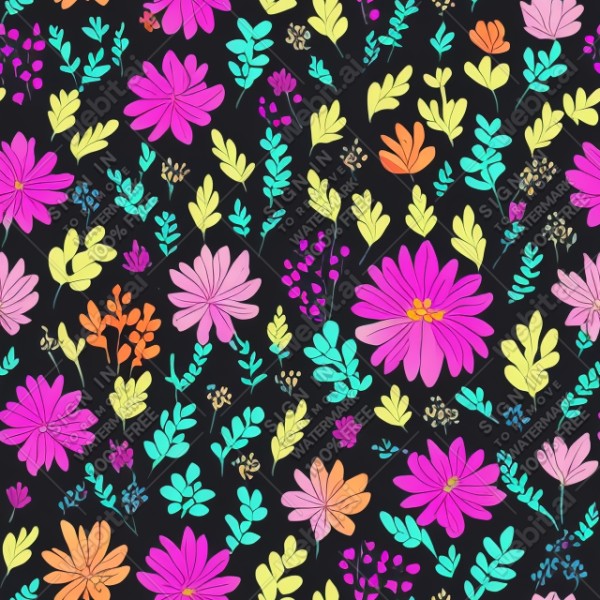 Black background with colorful pattern of plants and flowers, trending on artstation, base color, albedo, detailed, 4k